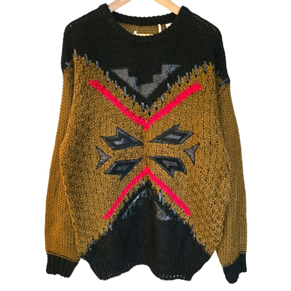 Vintage geometric colorblock sweater with‎ faux leather patches